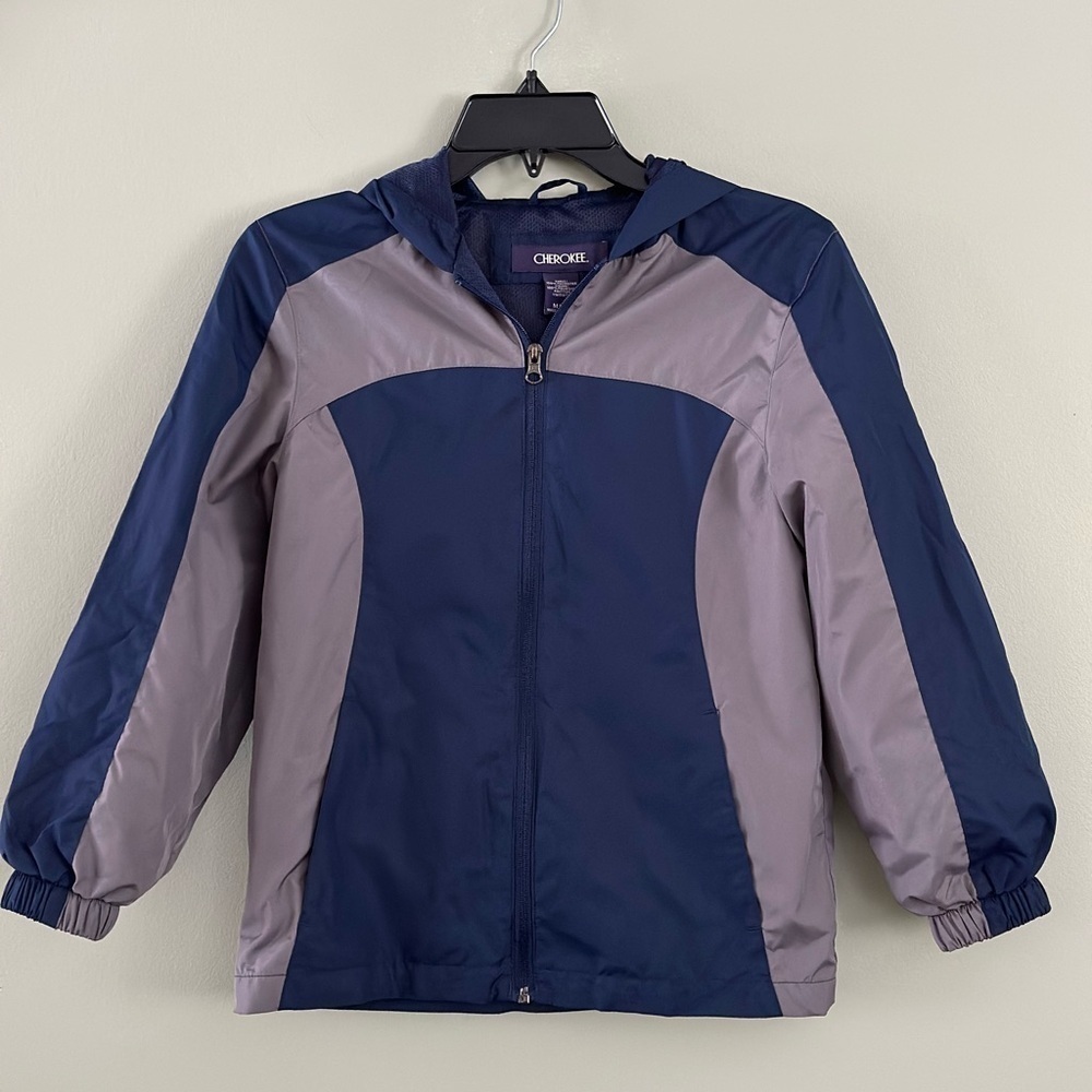 Cherokee Kids Windbreaker Jacket Hooded Zip Up Pockets ColorBlock Navy/Grey